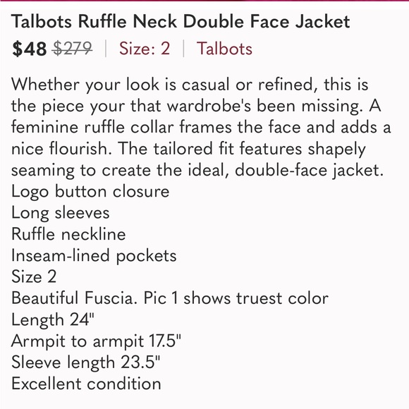Talbots Ruffle Neck Double Face Jacket romantic HOC winter - Picture 7 of 8